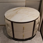 Round Cream Tufted Leather Nightstand with White Marble Top and Dark Glossy Frame